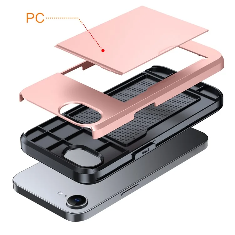For iPhone 16e Case TPU + PC Dual Layer Armor Phone Cover with Sliding Card Slot - Rose Gold