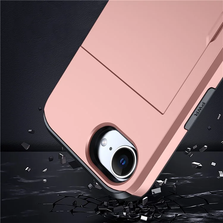 For iPhone 16e Case TPU + PC Dual Layer Armor Phone Cover with Sliding Card Slot - Rose Gold