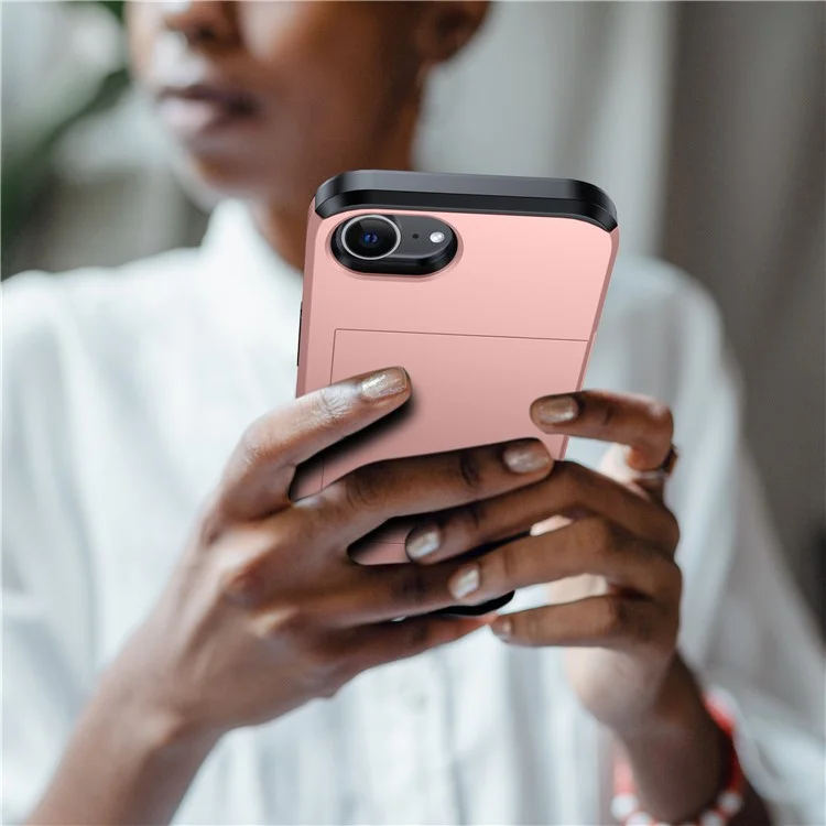 For iPhone 16e Case TPU + PC Dual Layer Armor Phone Cover with Sliding Card Slot - Rose Gold