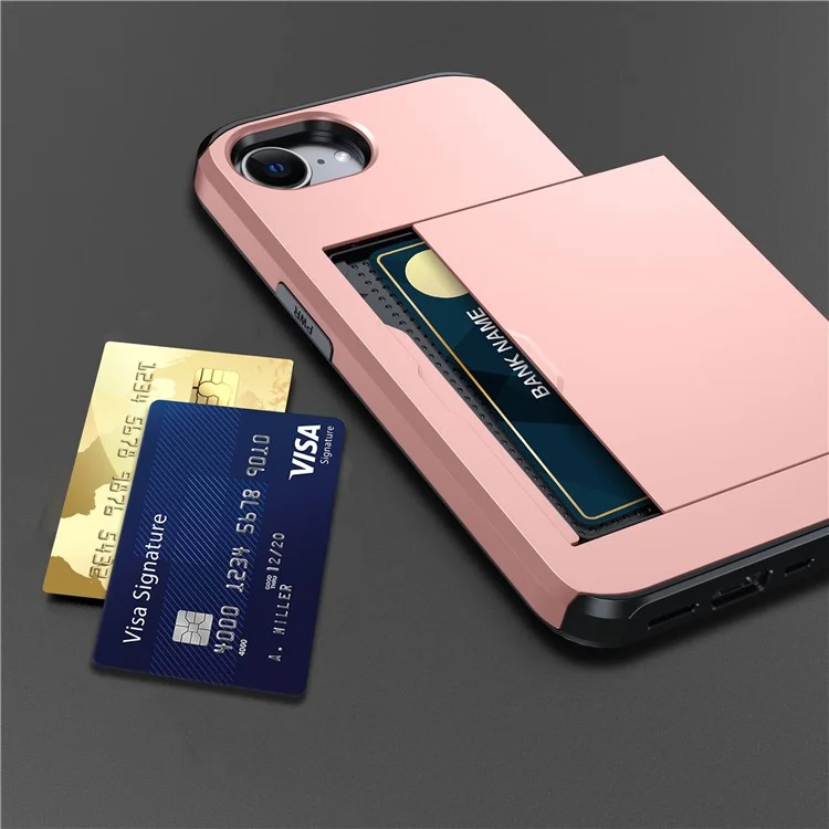 For iPhone 16e Case TPU + PC Dual Layer Armor Phone Cover with Sliding Card Slot - Rose Gold