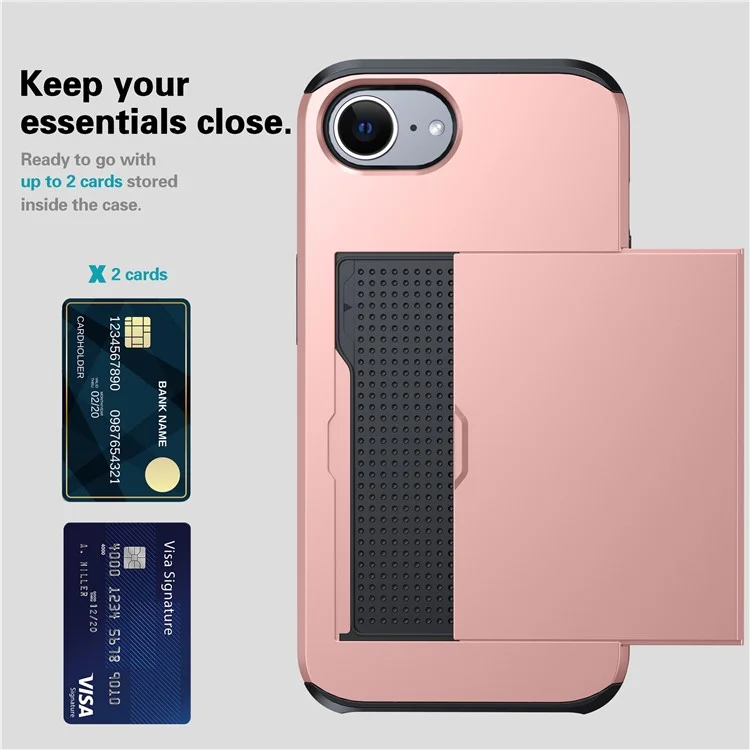 For iPhone 16e Case TPU + PC Dual Layer Armor Phone Cover with Sliding Card Slot - Rose Gold