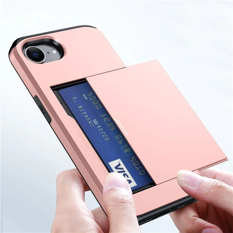 For iPhone 16e Case TPU + PC Dual Layer Armor Phone Cover with Sliding Card Slot - Rose Gold