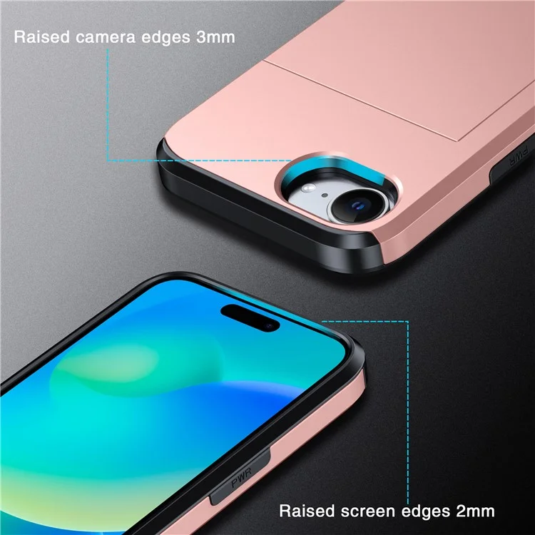 For iPhone 16e Case TPU + PC Dual Layer Armor Phone Cover with Sliding Card Slot - Rose Gold