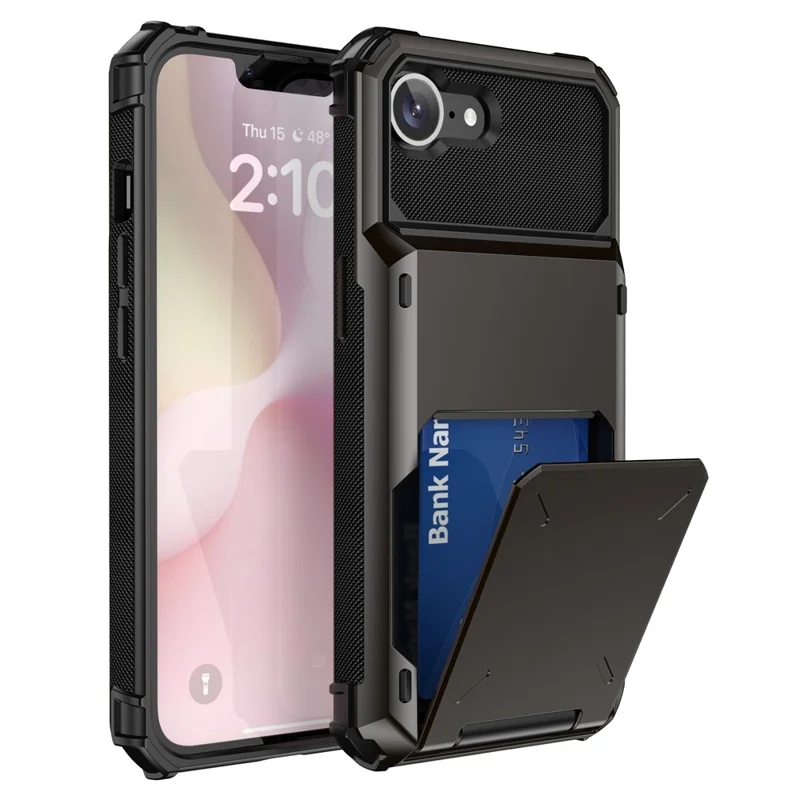For iPhone 16e Phone Cover PC+TPU Dual Layer Back Case with Card Holder - Black