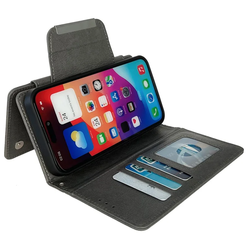 For iPhone 15 Case Detachable 2-in-1 Leather Wallet Phone Cover - Grey