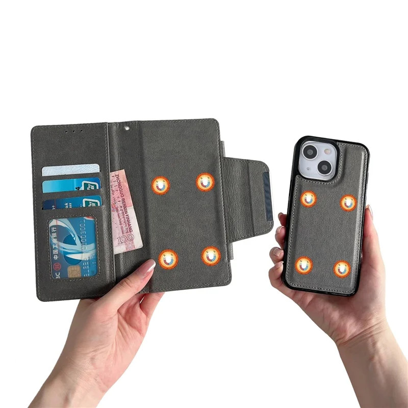 For iPhone 15 Case Detachable 2-in-1 Leather Wallet Phone Cover - Grey