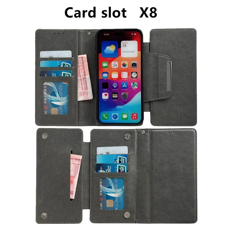 For iPhone 15 Case Detachable 2-in-1 Leather Wallet Phone Cover - Grey