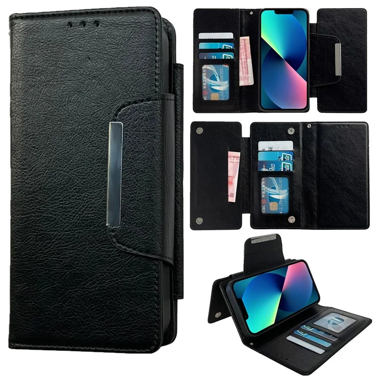 Per iPhone 13 Wallet Case Staccabile 2-in-1 Custodia per Telefono a Prova di Shock in Pelle - Nero