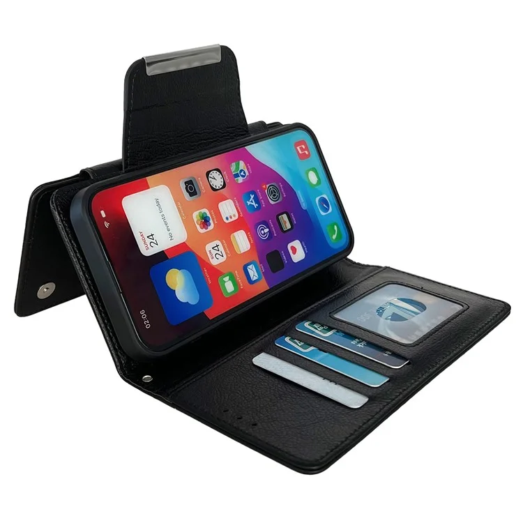Per iPhone 13 Wallet Case Staccabile 2-in-1 Custodia per Telefono a Prova di Shock in Pelle - Nero