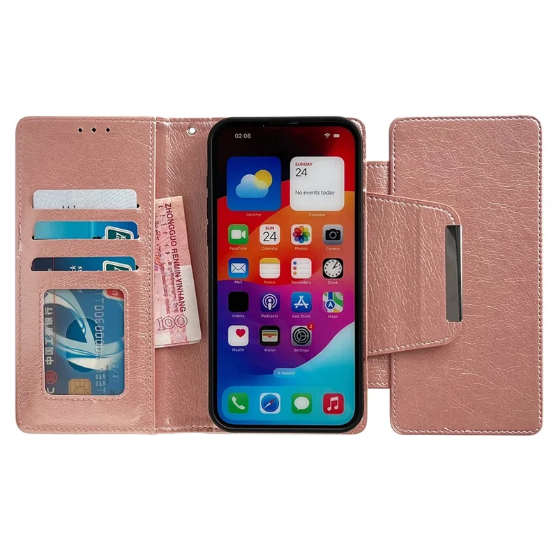 For iPhone 13 Wallet Case Detachable 2-in-1 Shockproof Leather Phone Cover - Rose Gold