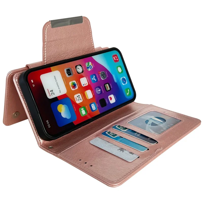 For iPhone 13 Wallet Case Detachable 2-in-1 Shockproof Leather Phone Cover - Rose Gold