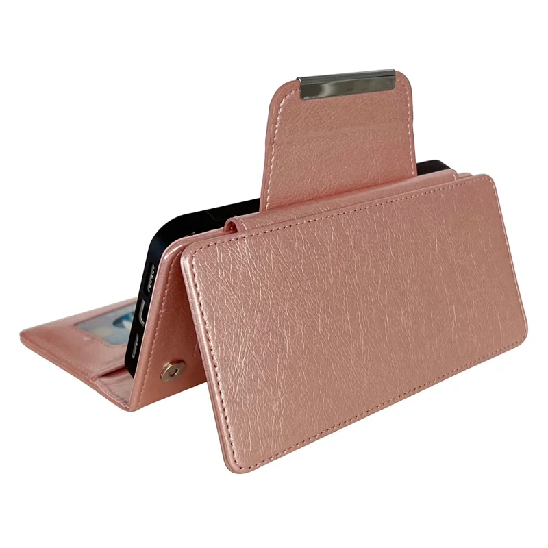 For iPhone 13 Wallet Case Detachable 2-in-1 Shockproof Leather Phone Cover - Rose Gold