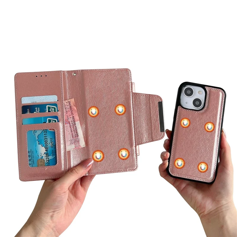 For iPhone 13 Wallet Case Detachable 2-in-1 Shockproof Leather Phone Cover - Rose Gold