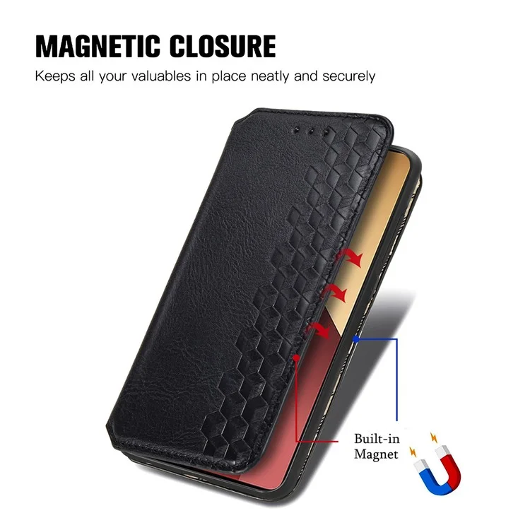 For Xiaomi Redmi Note 13 Pro 4G / Poco M6 Pro 4G PU Leather Case Rhombus Imprint Wallet Stand Phone Cover - Black
