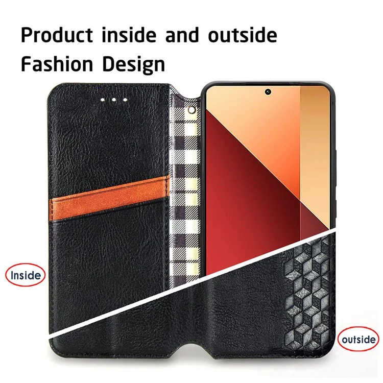 For Xiaomi Redmi Note 13 Pro 4G / Poco M6 Pro 4G PU Leather Case Rhombus Imprint Wallet Stand Phone Cover - Black