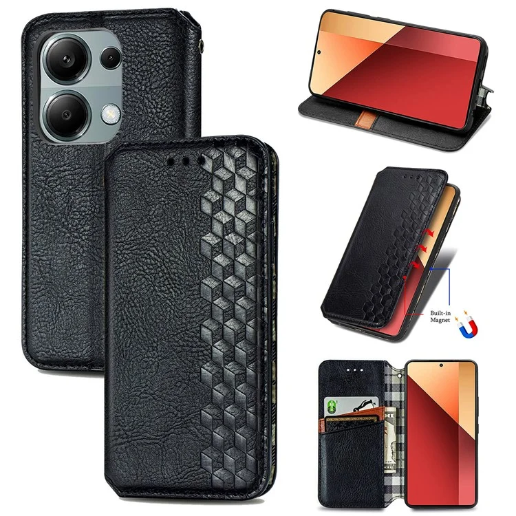 For Xiaomi Redmi Note 13 Pro 4G / Poco M6 Pro 4G PU Leather Case Rhombus Imprint Wallet Stand Phone Cover - Black