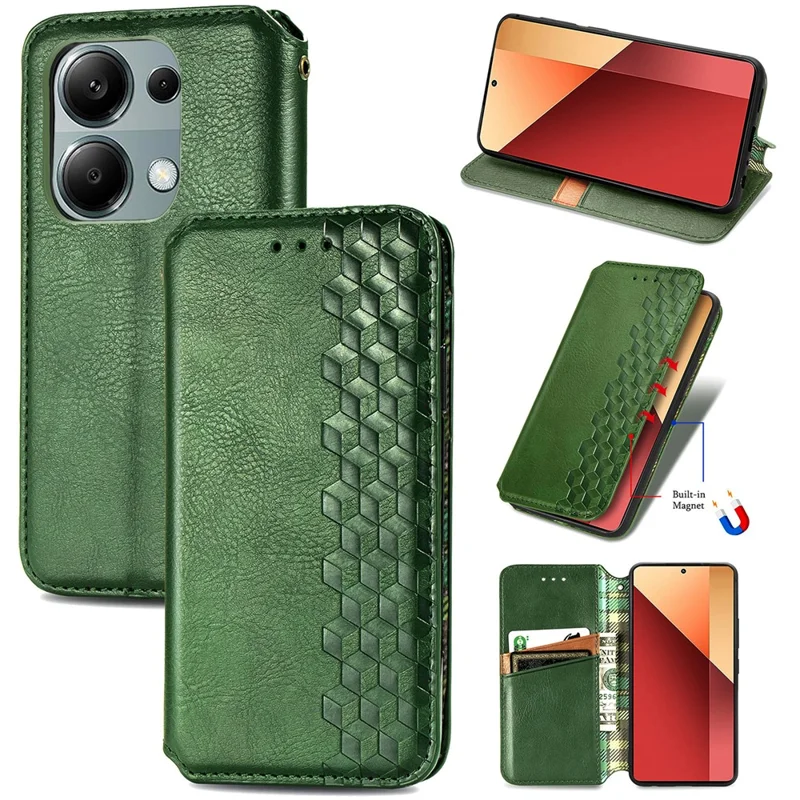 Para Xiaomi Redmi Note 13 Pro 4G / Poco M6 Pro 4G Capa de Telefone Carteira de Couro com Padrão Rômbico - Verde