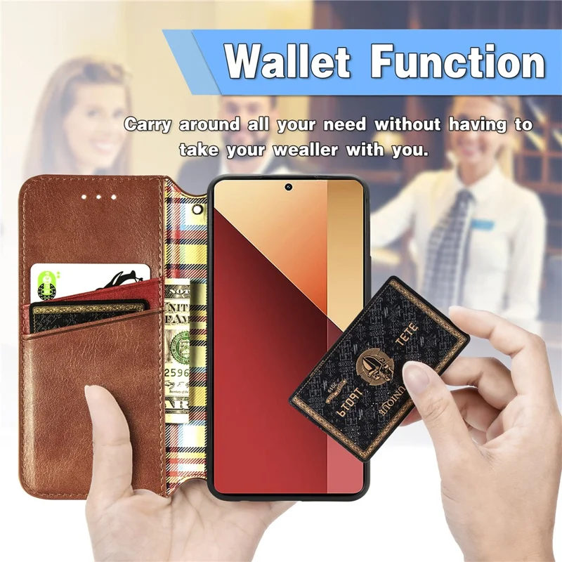 For Xiaomi Redmi Note 13 Pro 4G / Poco M6 Pro 4G PU Leather Case Rhombus Imprint Wallet Stand Phone Cover - Brown