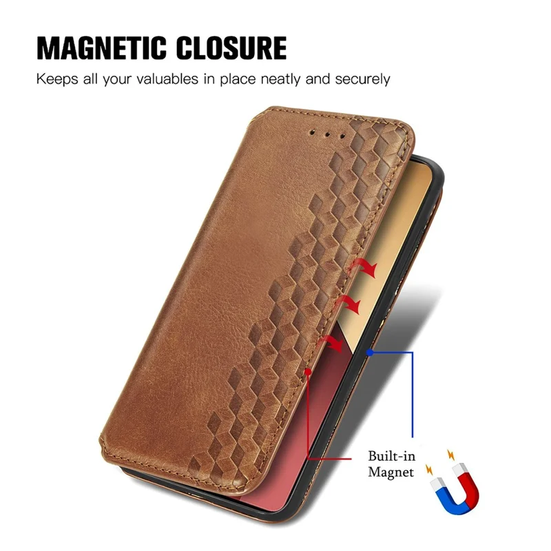 For Xiaomi Redmi Note 13 Pro 4G / Poco M6 Pro 4G PU Leather Case Rhombus Imprint Wallet Stand Phone Cover - Brown