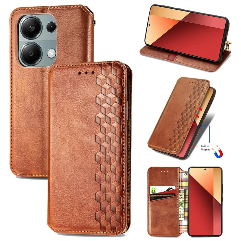 For Xiaomi Redmi Note 13 Pro 4G / Poco M6 Pro 4G PU Leather Case Rhombus Imprint Wallet Stand Phone Cover - Brown
