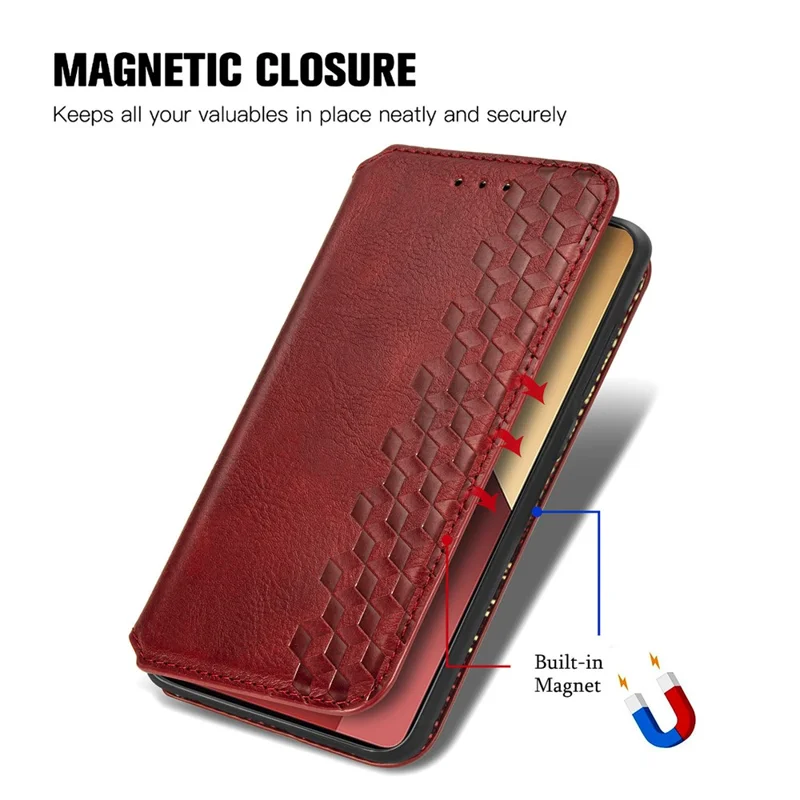 Pour Xiaomi Redmi Note 13 Pro 4G / Poco M6 Pro 4G Étui de téléphone Rhombus Leather Wallet Cover - Rouge