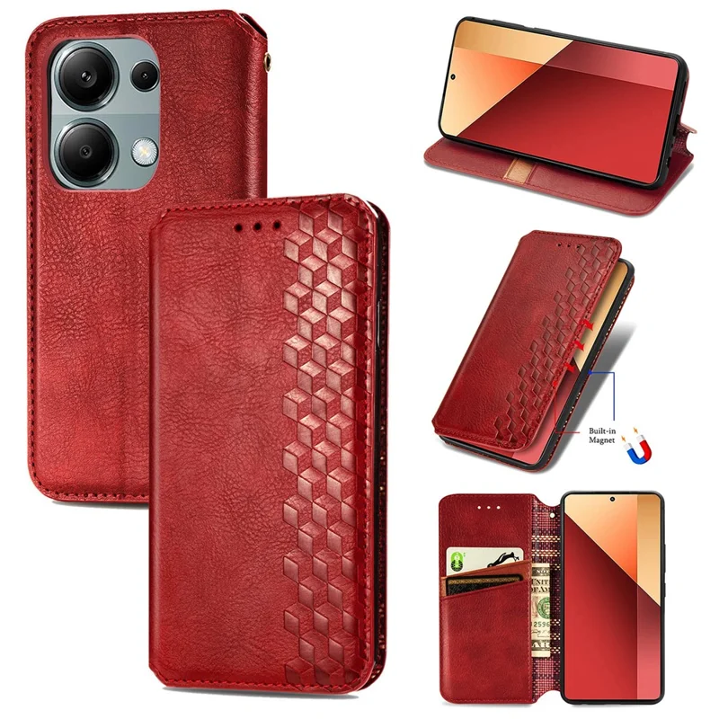 Pour Xiaomi Redmi Note 13 Pro 4G / Poco M6 Pro 4G Étui de téléphone Rhombus Leather Wallet Cover - Rouge