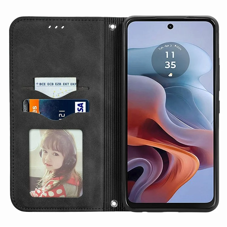 Para Motorola Moto G45 5G / G34 5G Funda magnética de piel sintética con tacto de piel - Negra