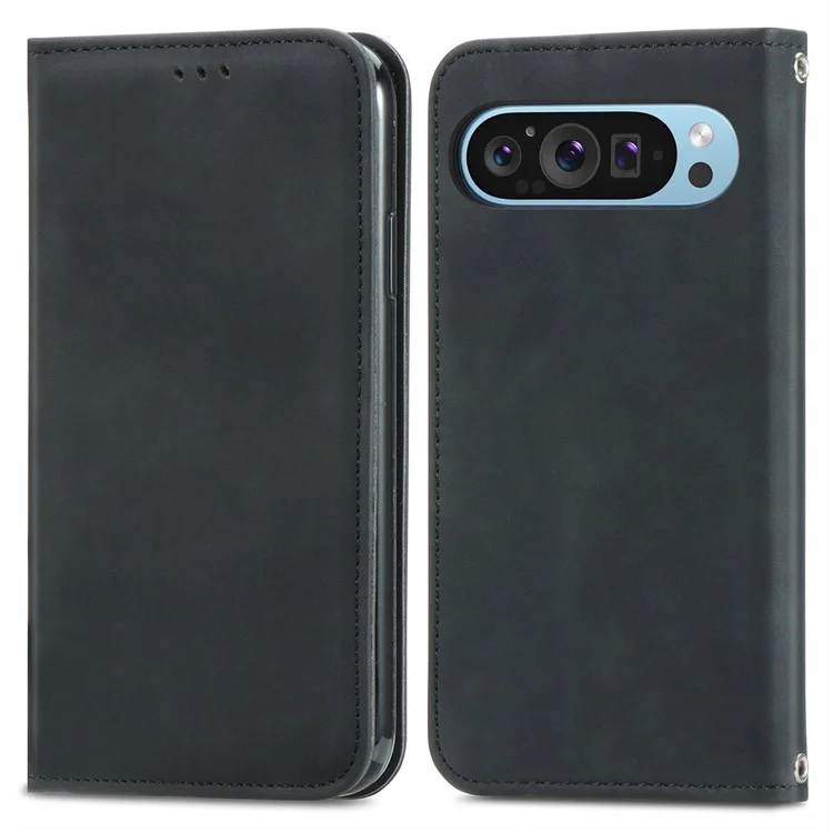 Para el estuche del teléfono celular Google Pixel 9 / Pixel 9 Pro Retro Magnetic Auto Closing Card Holder Leather Stand Cover - Negro