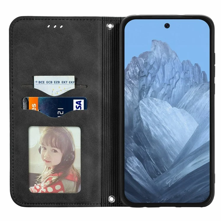 Para el estuche del teléfono celular Google Pixel 9 / Pixel 9 Pro Retro Magnetic Auto Closing Card Holder Leather Stand Cover - Negro