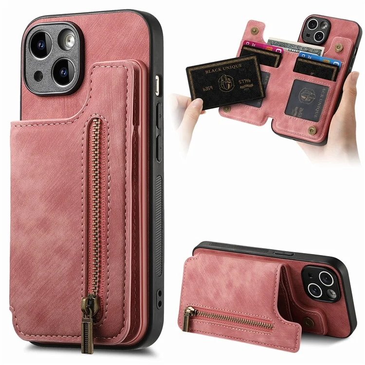 D15 Für iPhone 13 Ständer Cover PU+TPU Handyhülle Retro Brieftasche - Pink