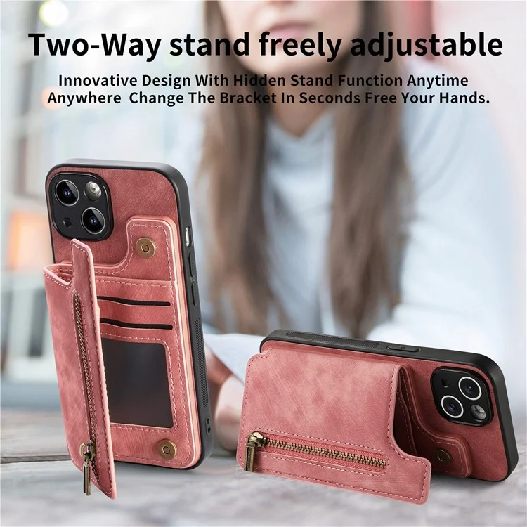 D15 Für iPhone 13 Ständer Cover PU+TPU Handyhülle Retro Brieftasche - Pink