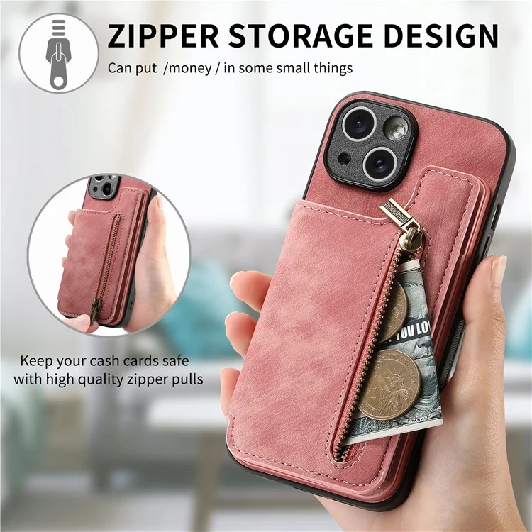 D15 Für iPhone 13 Ständer Cover PU+TPU Handyhülle Retro Brieftasche - Pink
