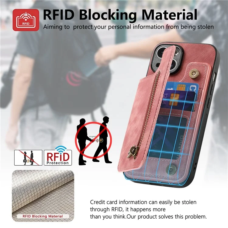 D15 Für iPhone 13 Ständer Cover PU+TPU Handyhülle Retro Brieftasche - Pink