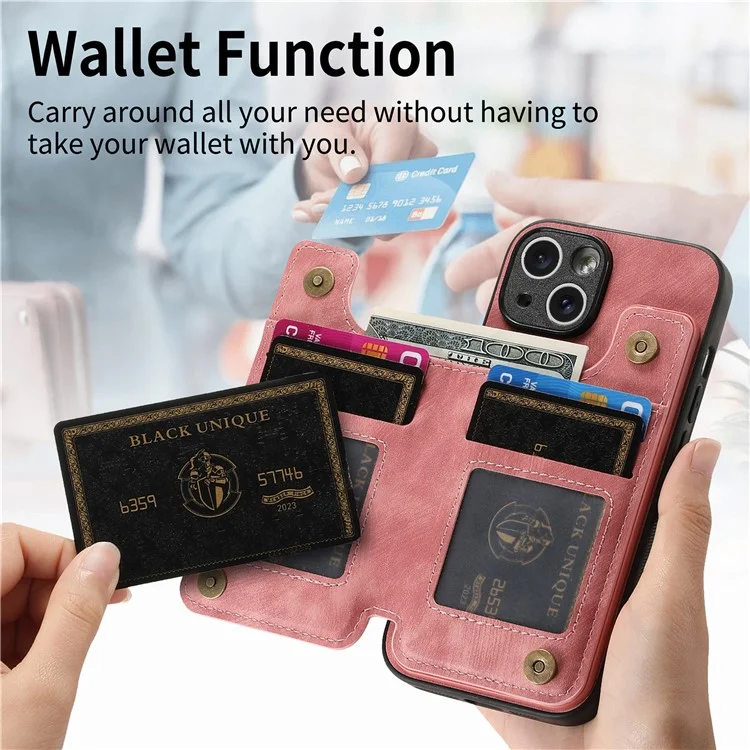 D15 Für iPhone 13 Ständer Cover PU+TPU Handyhülle Retro Brieftasche - Pink