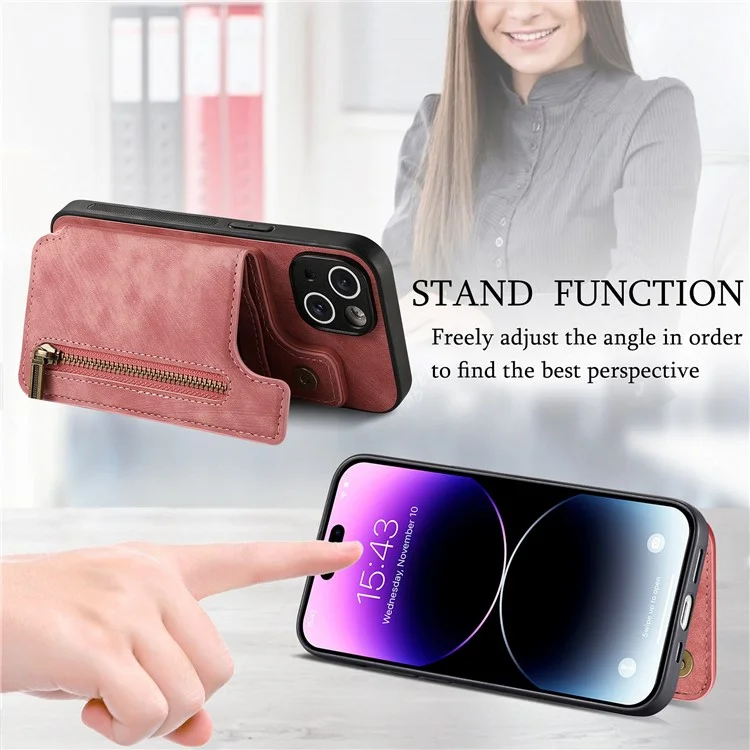 D15 Für iPhone 13 Ständer Cover PU+TPU Handyhülle Retro Brieftasche - Pink