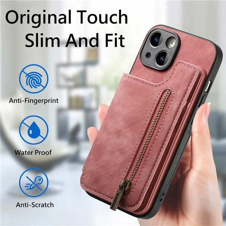 D15 Für iPhone 13 Ständer Cover PU+TPU Handyhülle Retro Brieftasche - Pink
