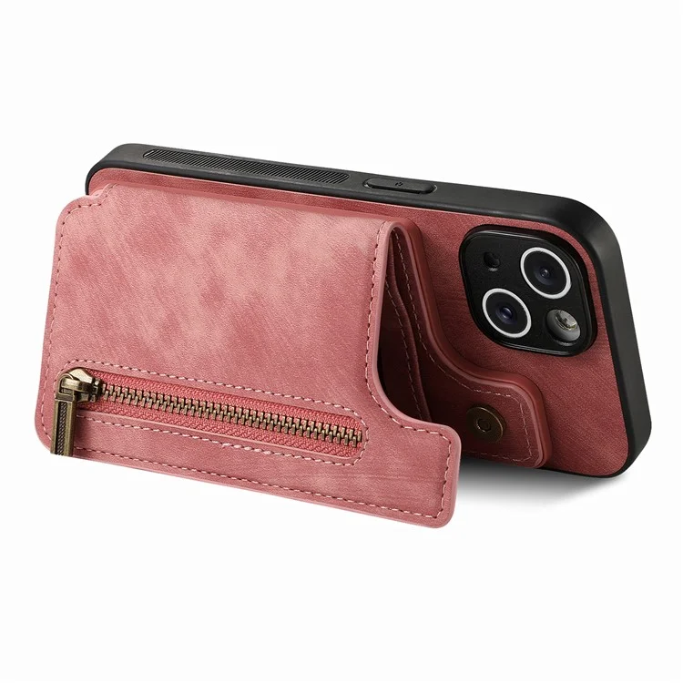 D15 For iPhone 15 Plus Case PU+TPU Phone Protective Shell Retro Kickstand Wallet Cover - Pink