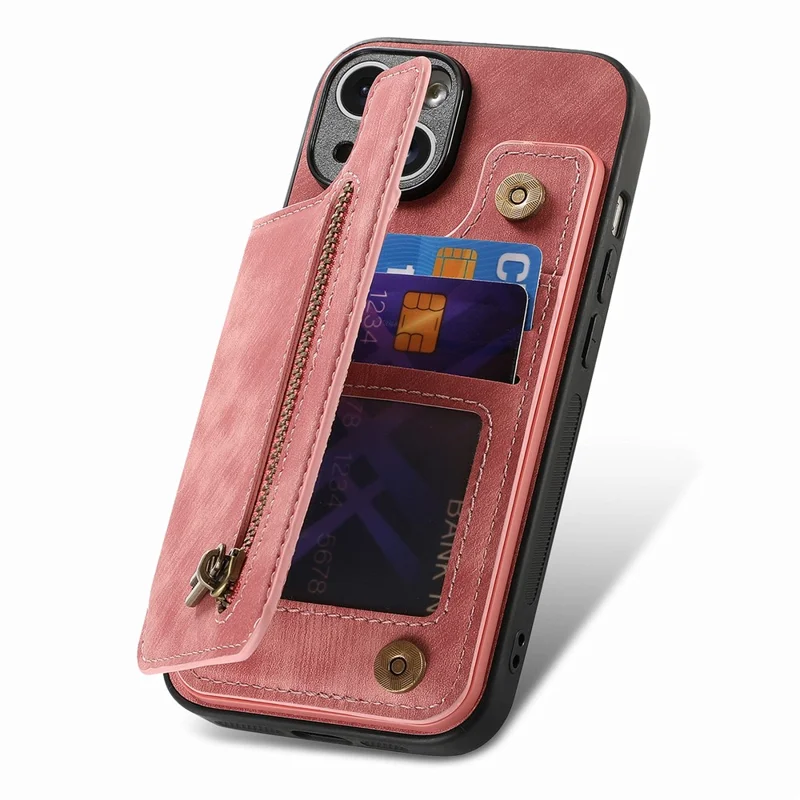 D15 For iPhone 15 Plus Case PU+TPU Phone Protective Shell Retro Kickstand Wallet Cover - Pink