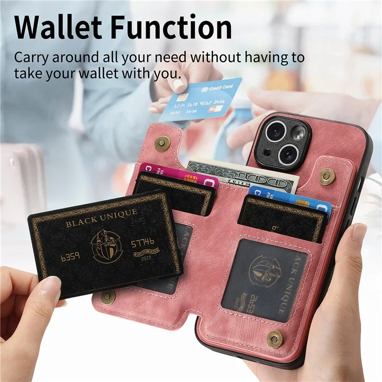 D15 For iPhone 15 Plus Case PU+TPU Phone Protective Shell Retro Kickstand Wallet Cover - Pink