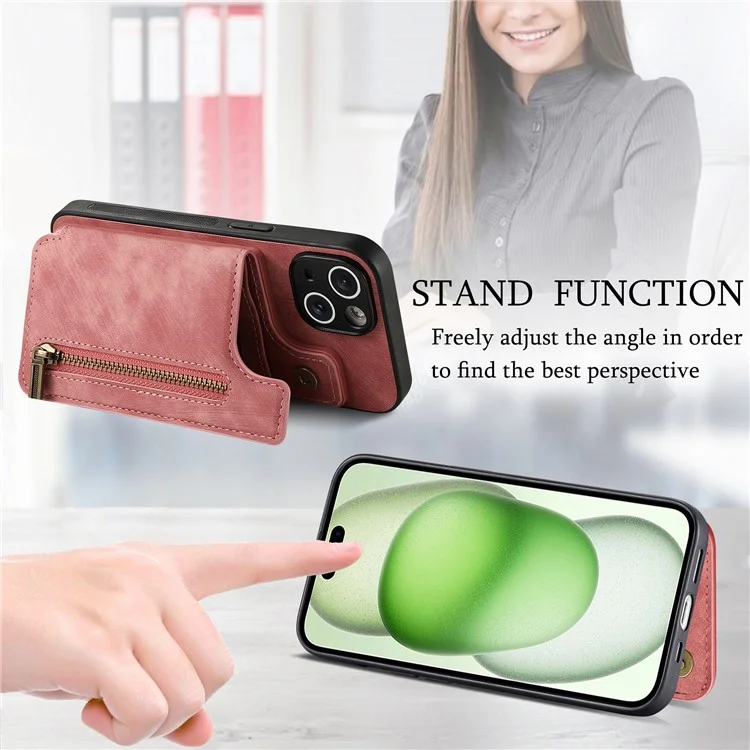 D15 For iPhone 15 Plus Case PU+TPU Phone Protective Shell Retro Kickstand Wallet Cover - Pink