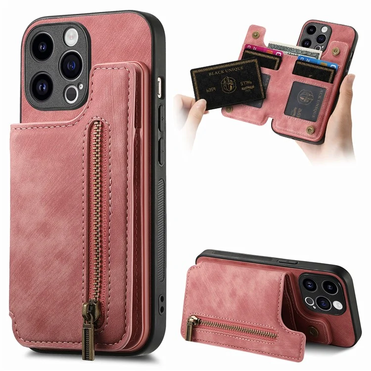 Funda para iPhone 15 Pro D15, de cuero retro y TPU, anti-caída, con bolsillo con cremallera y soporte - Rosa