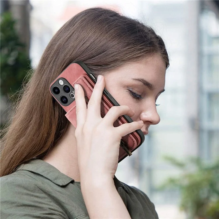 Funda para iPhone 15 Pro D15, de cuero retro y TPU, anti-caída, con bolsillo con cremallera y soporte - Rosa