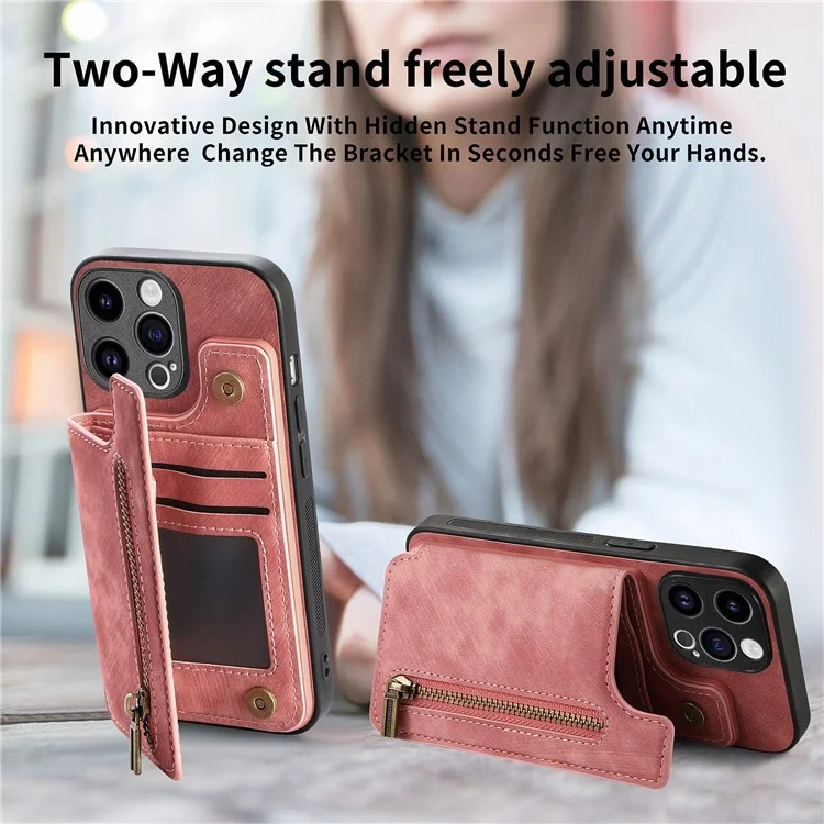 D15 For iPhone 15 Pro Max Kickstand Case Retro PU+TPU Wallet Phone Cover - Pink
