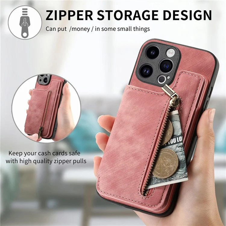 D15 For iPhone 15 Pro Max Kickstand Case Retro PU+TPU Wallet Phone Cover - Pink