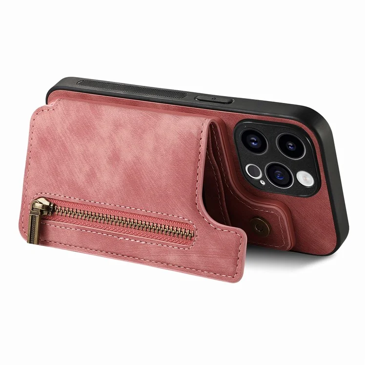 D15 For iPhone 15 Pro Max Kickstand Case Retro PU+TPU Wallet Phone Cover - Pink