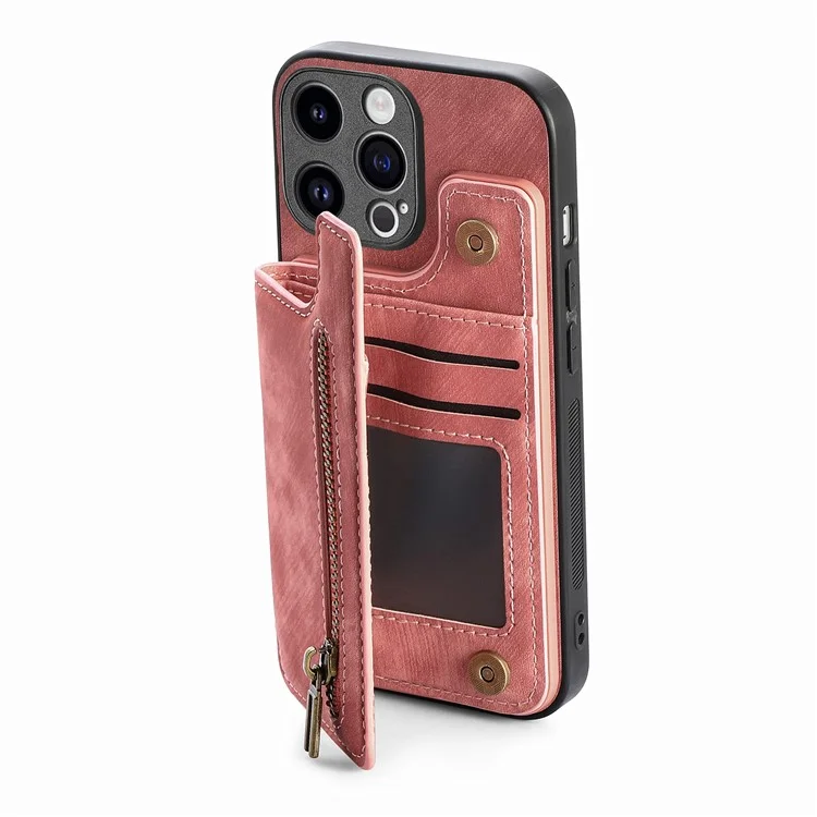 D15 For iPhone 15 Pro Max Kickstand Case Retro PU+TPU Wallet Phone Cover - Pink