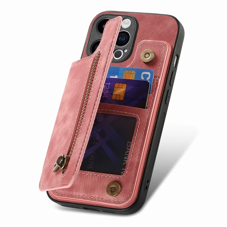 D15 For iPhone 15 Pro Max Kickstand Case Retro PU+TPU Wallet Phone Cover - Pink