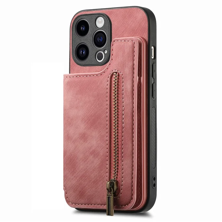D15 For iPhone 15 Pro Max Kickstand Case Retro PU+TPU Wallet Phone Cover - Pink