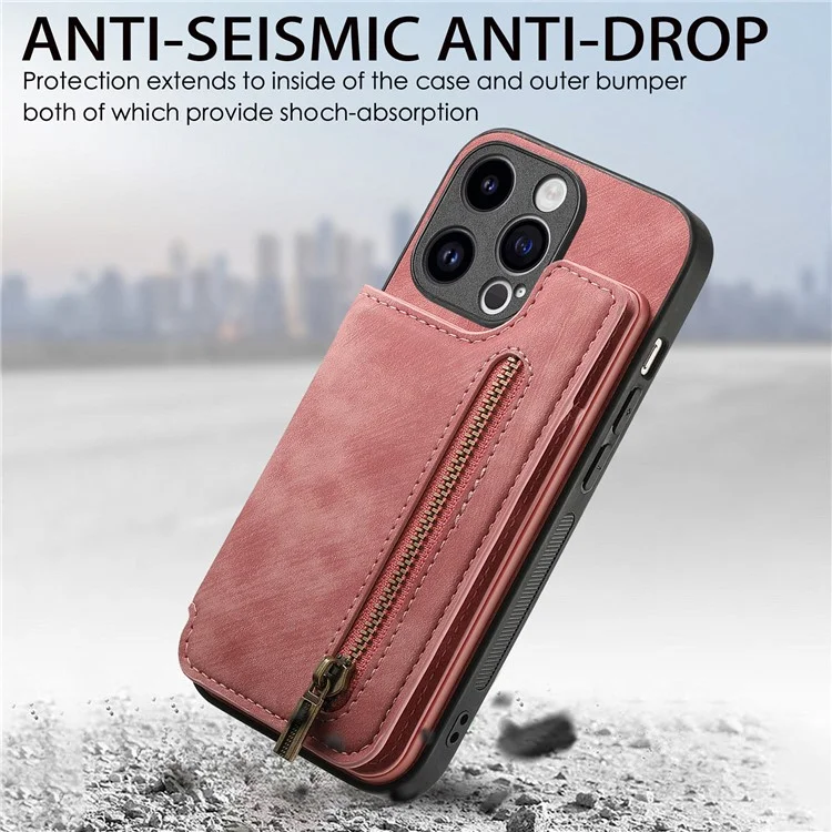 D15 For iPhone 15 Pro Max Kickstand Case Retro PU+TPU Wallet Phone Cover - Pink