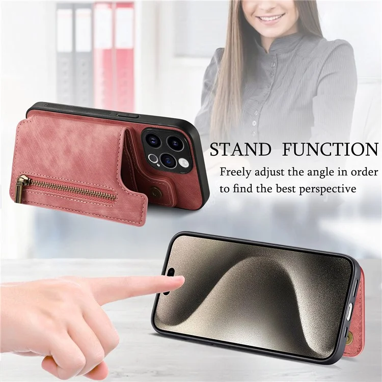 D15 For iPhone 15 Pro Max Kickstand Case Retro PU+TPU Wallet Phone Cover - Pink